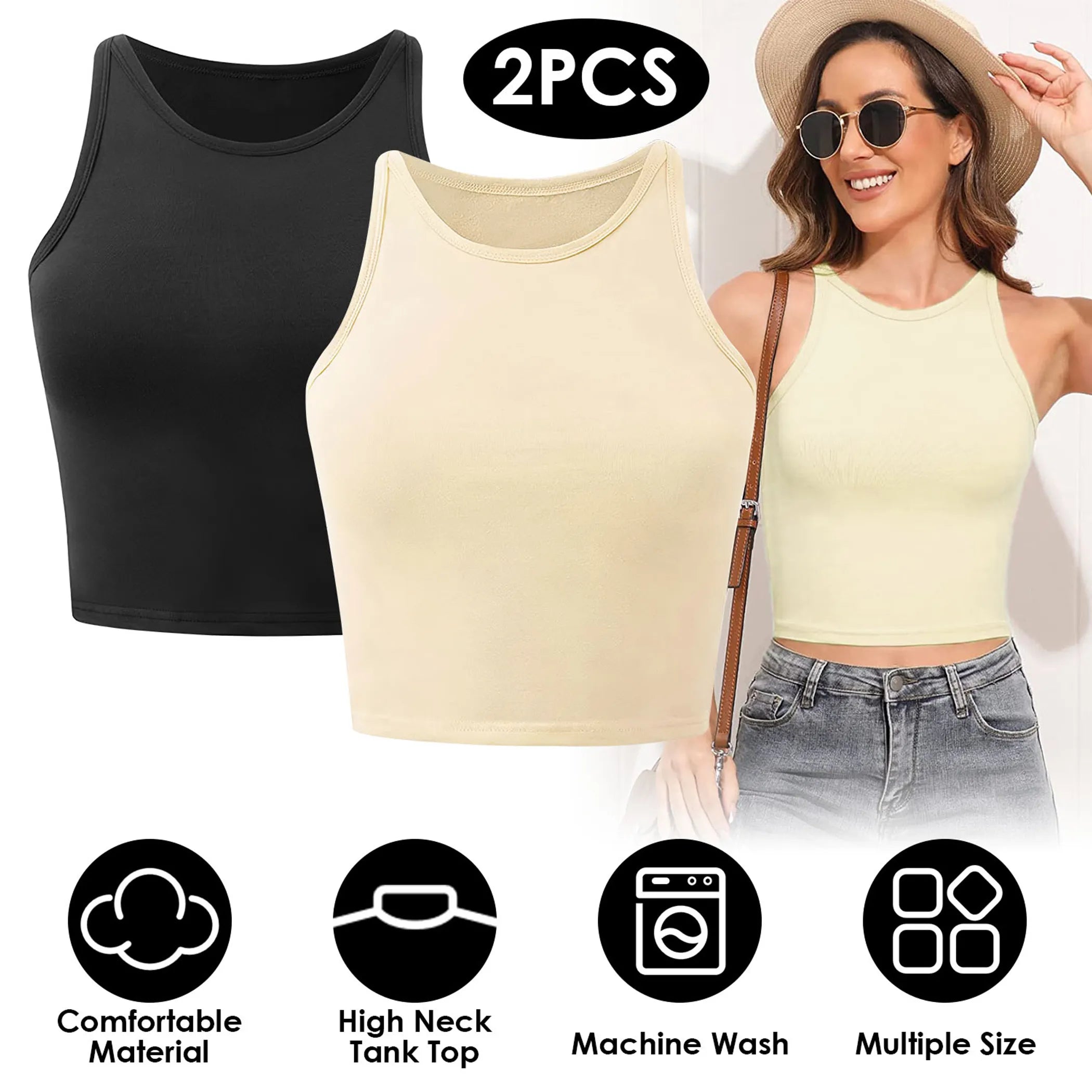 Women Sleeveless Cropped Tank Top High Neck Crop Racer